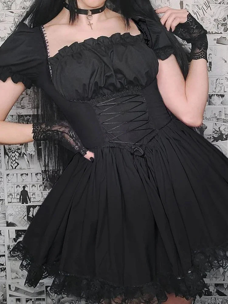 Gothic Goth Lolita Harajuku Kawaii Lace Dress Cute Girl Soft Sweet Bandage Lace Party Mini Short Dresses Fashion