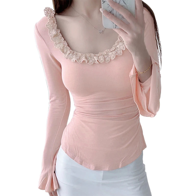 y2k Tops Women Coquette Clothing Ruffle Trim Scoop Neck Long Sleeve T Shirts Fairycore Aesthetic Clothes Streetwear