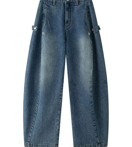 High Waist Blue Denim Shaped Buckle Long Casual Wide Leg Jeans New Women Trousers Fashion Tide Spring Autumn 2025 1DH9091