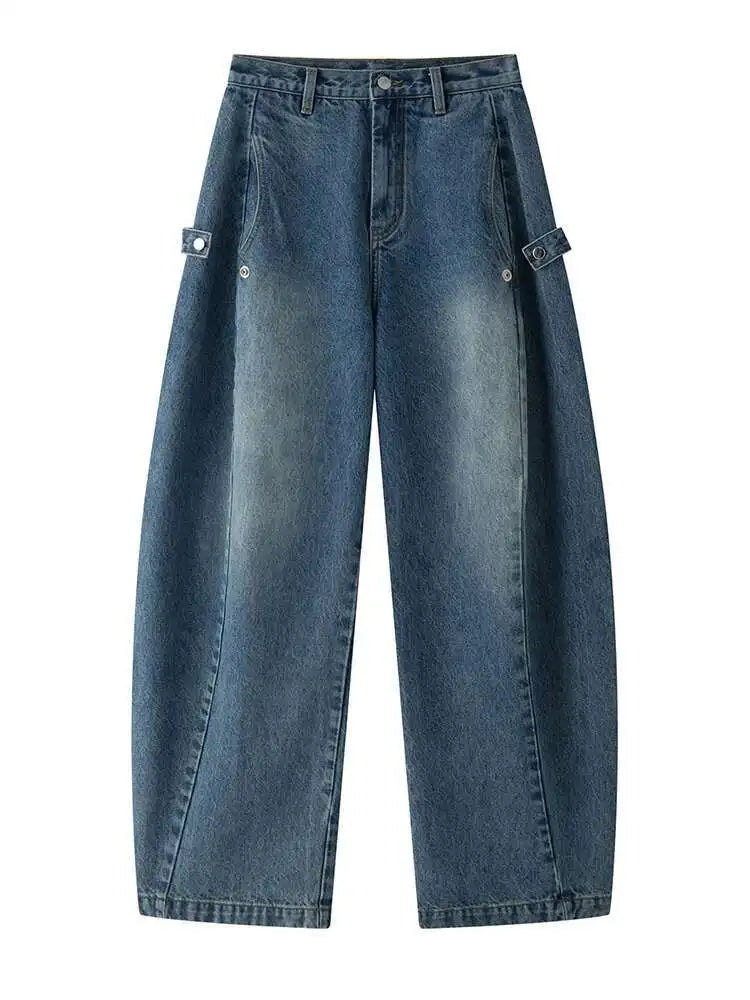 High Waist Blue Denim Shaped Buckle Long Casual Wide Leg Jeans New Women Trousers Fashion Tide Spring Autumn 2025 1DH9091