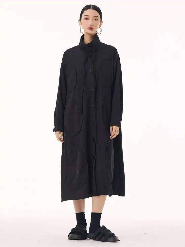 Women Army Green Patch Drawstring Big Size Midi Dress New Stand Collar Long Sleeve Fashion Tide Spring Autumn 2025 1DH9211