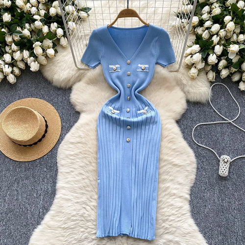 Load image into Gallery viewer, Korean Fashion Women's Solid V Neck Elegant Slim Short Sleeved Dress Summer Single Breasted Office Lady Holiday Knitted Dresses
