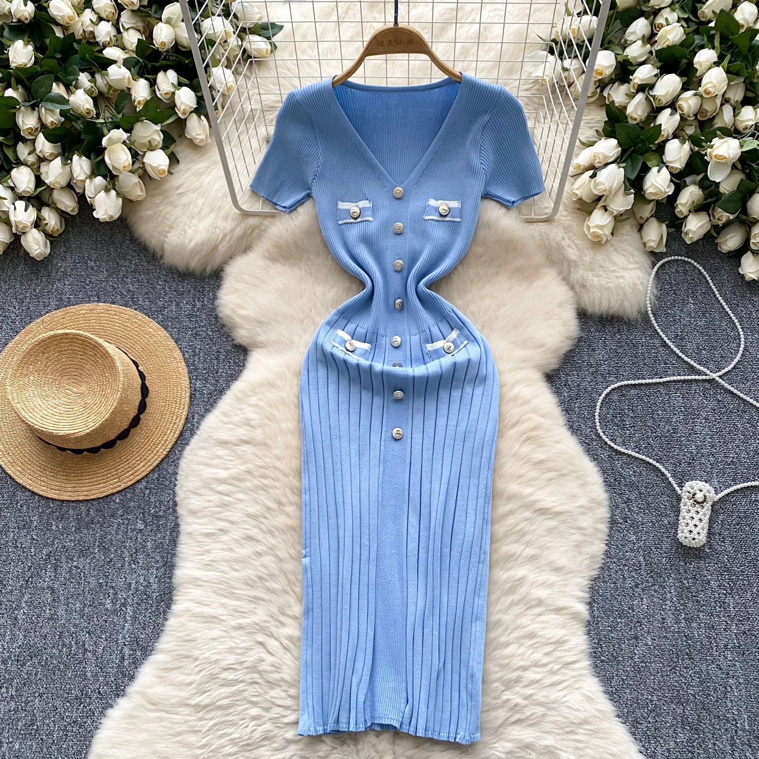 Korean Fashion Women's Solid V Neck Elegant Slim Short Sleeved Dress Summer Single Breasted Office Lady Holiday Knitted Dresses
