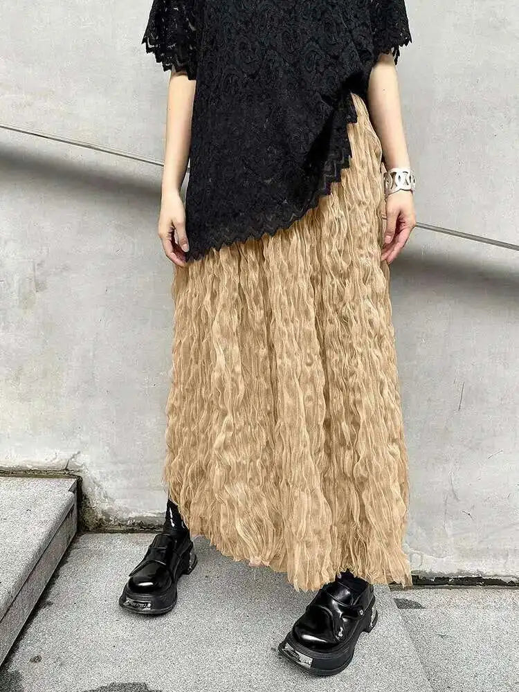 High Elastic Waist Black Pleated Mesh Casual A-line Half-body Skirt Women Fashion Tide New Spring Autumn 2025  1DH5148