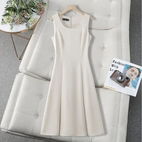 Load image into Gallery viewer, Woman Summer Black Beige Elegant Sleeveless Office Long Dresses Green Round Neck Sexy Zipper Pleated Vest Dress Vestidos Fashion
