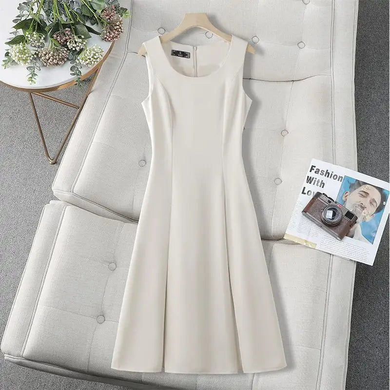 Woman Summer Black Beige Elegant Sleeveless Office Long Dresses Green Round Neck Sexy Zipper Pleated Vest Dress Vestidos Fashion