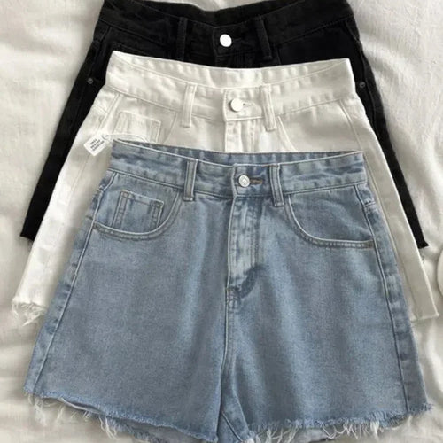 Load image into Gallery viewer, Korean High Waisted Raw Edge Denim Shorts Women&#39;s 2023 Summer New Basic Button Pocket Denim Shorts Street Denim Pant
