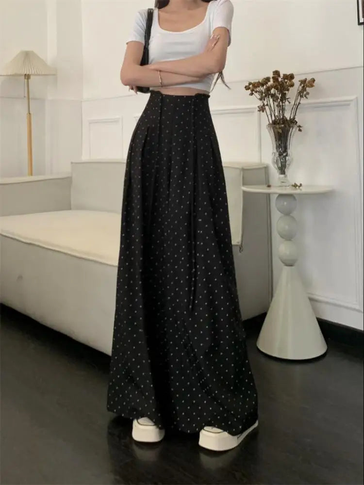 Spring Summer Retro Black Polka Dot Festival Wide Leg Long Pant Women High Waist Loose Holiday Straight Lace Up Trousers Casual