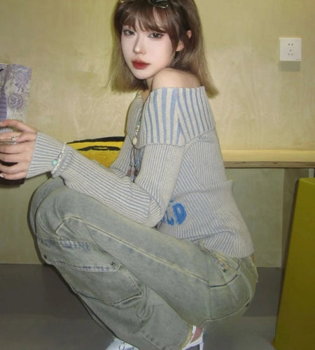 Sexy Off Shoulder Letter Women Sweaters Autumn Slim Vintage All Match Pullovers Sweet Y2k Striped Knitted Fairy Jumpers Trendy