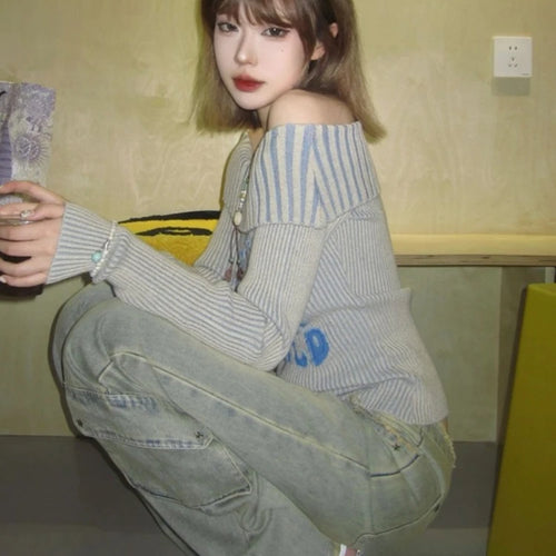 Load image into Gallery viewer, Sexy Off Shoulder Letter Women Sweaters Autumn Slim Vintage All Match Pullovers Sweet Y2k Striped Knitted Fairy Jumpers Trendy
