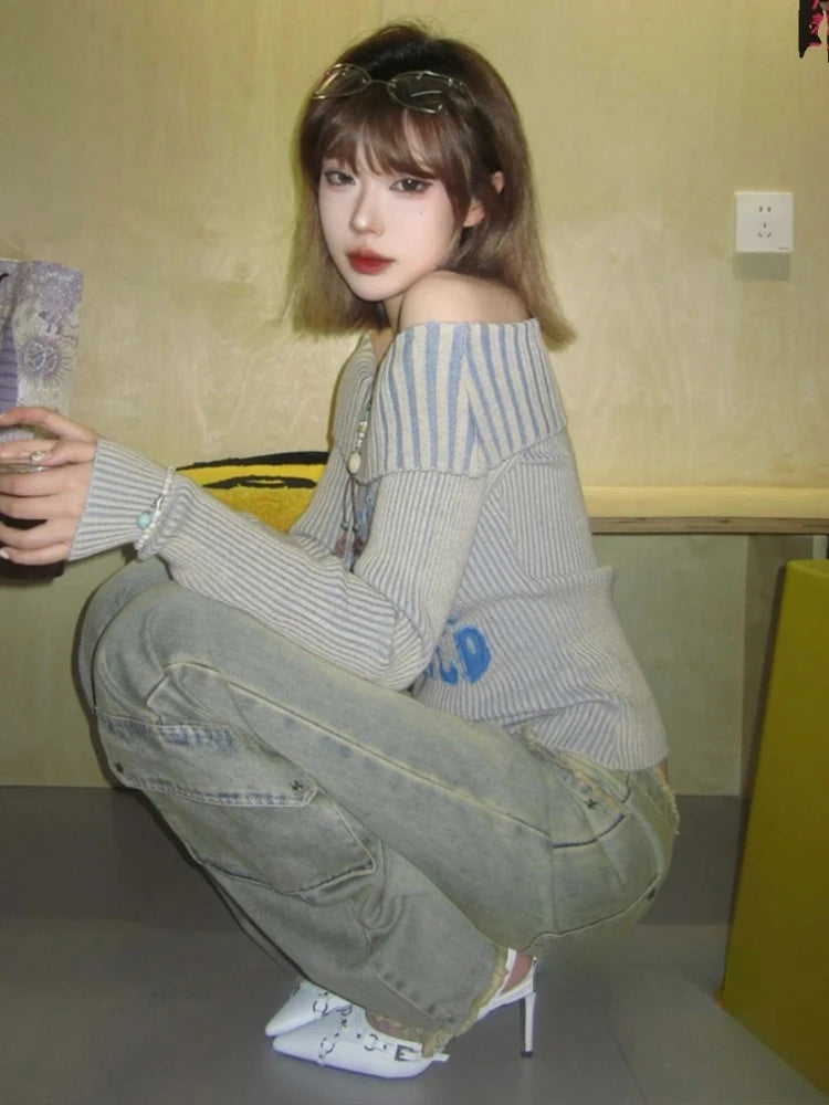 Sexy Off Shoulder Letter Women Sweaters Autumn Slim Vintage All Match Pullovers Sweet Y2k Striped Knitted Fairy Jumpers Trendy