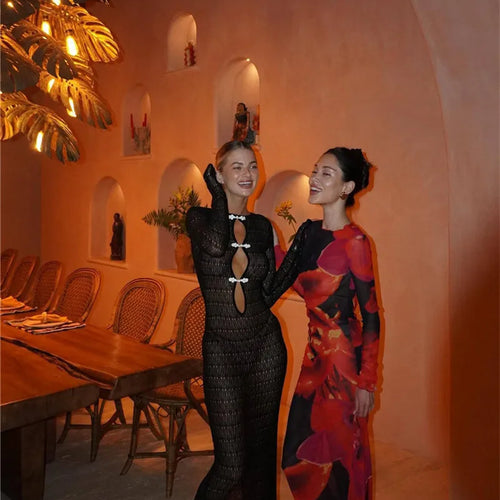 Load image into Gallery viewer, Hollow Out Knit Sexy Maxi Dress Women Fashion See Through Smock Dress Elegant Long Sleeve Backless Fishtail Dress
