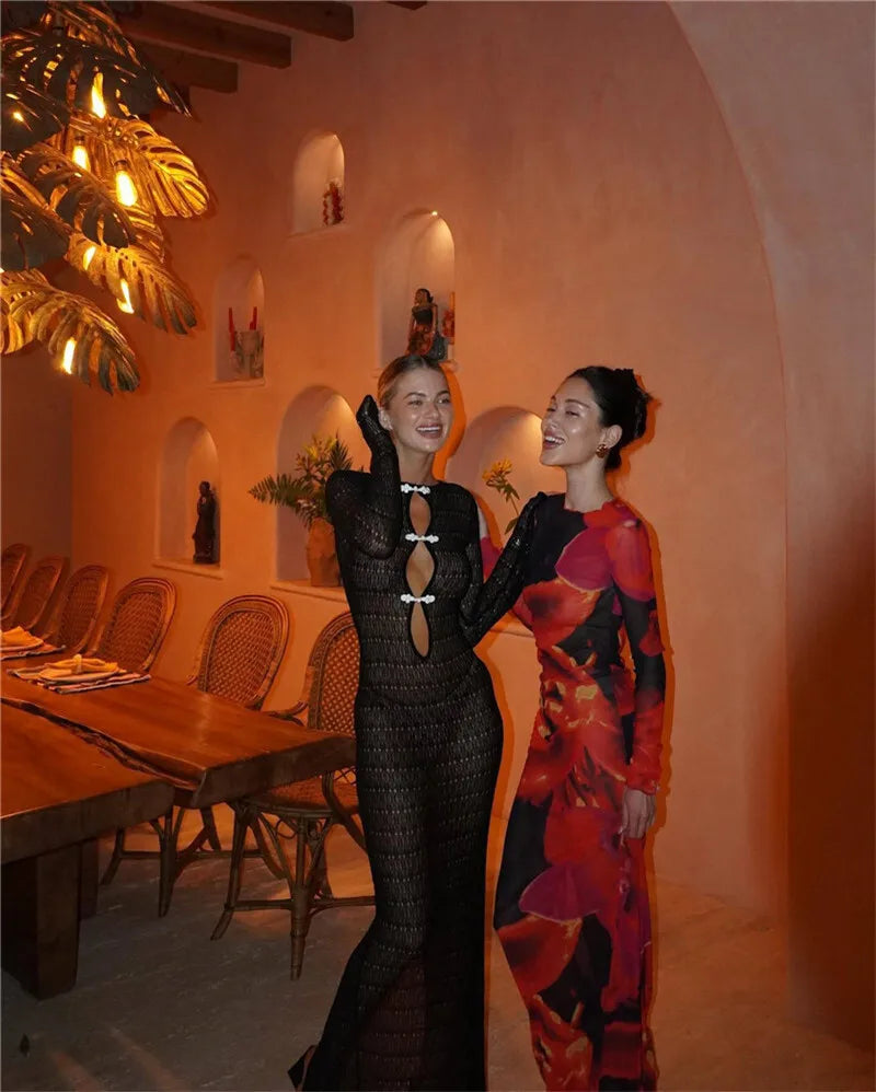 Hollow Out Knit Sexy Maxi Dress Women Fashion See Through Smock Dress Elegant Long Sleeve Backless Fishtail Dress