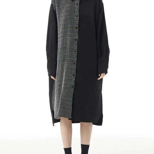 Load image into Gallery viewer, Women Black Color-block Big Size Midi Shirt Dress New Lapel Long Sleeve Loose Fit Fashion Tide Spring Autumn 2025 1DH2095

