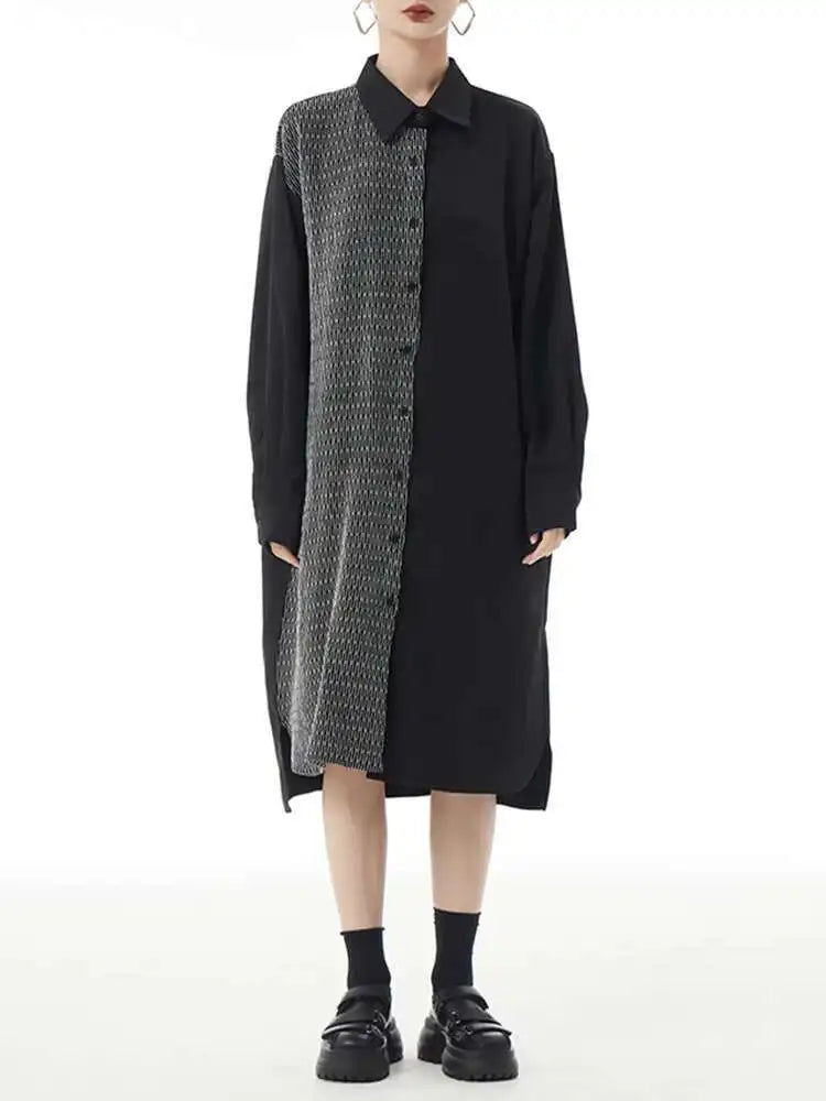 Women Black Color-block Big Size Midi Shirt Dress New Lapel Long Sleeve Loose Fit Fashion Tide Spring Autumn 2025 1DH2095