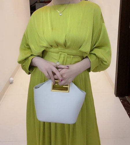 Ruched Solid Dress For Women Round Neck Lantern Sleeve High Waist Minimalist Midi Dresses Female Spring Fashion Clothing New