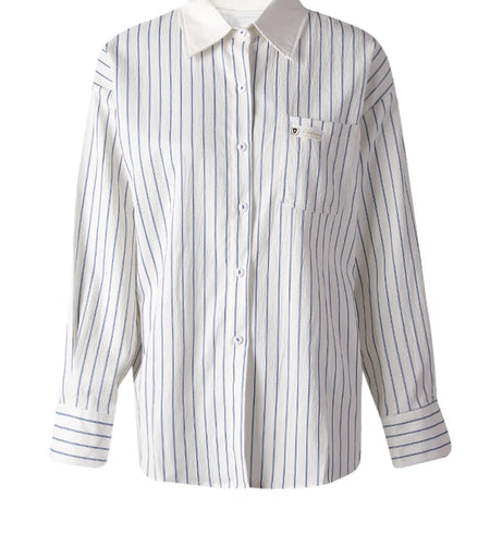 Women Blue Striped Textured Big Size Elegant Blouse New Lapel Long Sleeve Shirt Fashion Tide Spring Autumn 2025 CPG3188