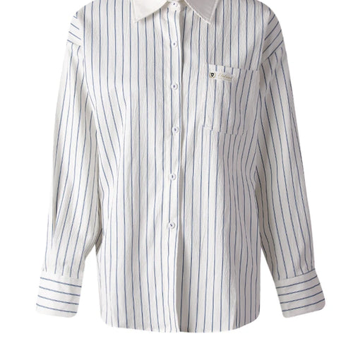 Load image into Gallery viewer, Women Blue Striped Textured Big Size Elegant Blouse New Lapel Long Sleeve Shirt Fashion Tide Spring Autumn 2025 CPG3188
