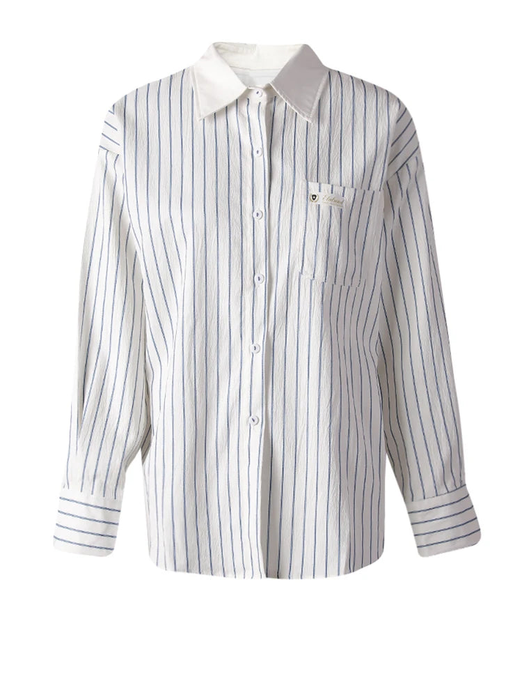 Women Blue Striped Textured Big Size Elegant Blouse New Lapel Long Sleeve Shirt Fashion Tide Spring Autumn 2025 CPG3188