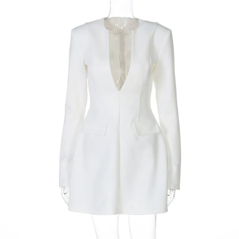 Deep V Neck Long Sleeve Sexy Mini Dress For Women Fashion Two Pocket High Waist A-line Club Party Sexy Dress Elegant