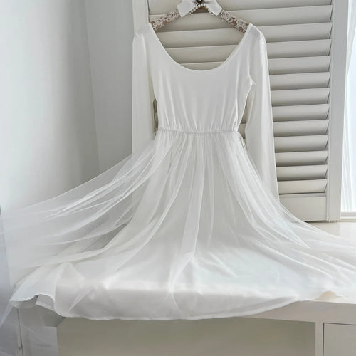 Load image into Gallery viewer, Vintage Autumn 2024 White Mesh Elegant Round Neck Pleated A-line Dress Women High Waist Long Sleeve Backless Dress Casual Simple
