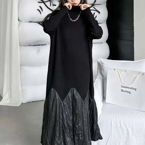Load image into Gallery viewer, Women Black Knitting Pleated Big Size Long Dress New Turtleneck Long Sleeve Fashion Tide Spring Autumn 2025 1DH1599
