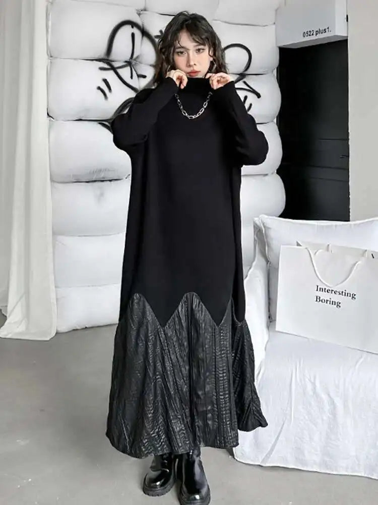 Women Black Knitting Pleated Big Size Long Dress New Turtleneck Long Sleeve Fashion Tide Spring Autumn 2025 1DH1599