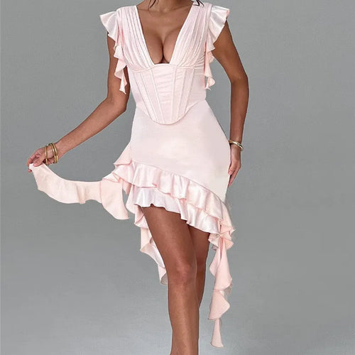 Load image into Gallery viewer, Deep V Neck Backless Draped Ruffle Mini Dress For Women Fashion Sleeveless Bodycon Club Party Sexy Dress Elegant
