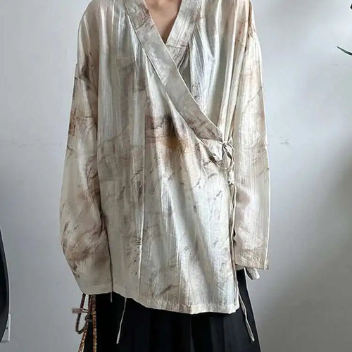 Load image into Gallery viewer, Women Apricot Printed Bandage Big Size Vintage Blouse New V-neck Long Sleeve Shirt Fashion Tide Spring Autumn 2025 1DJ0468
