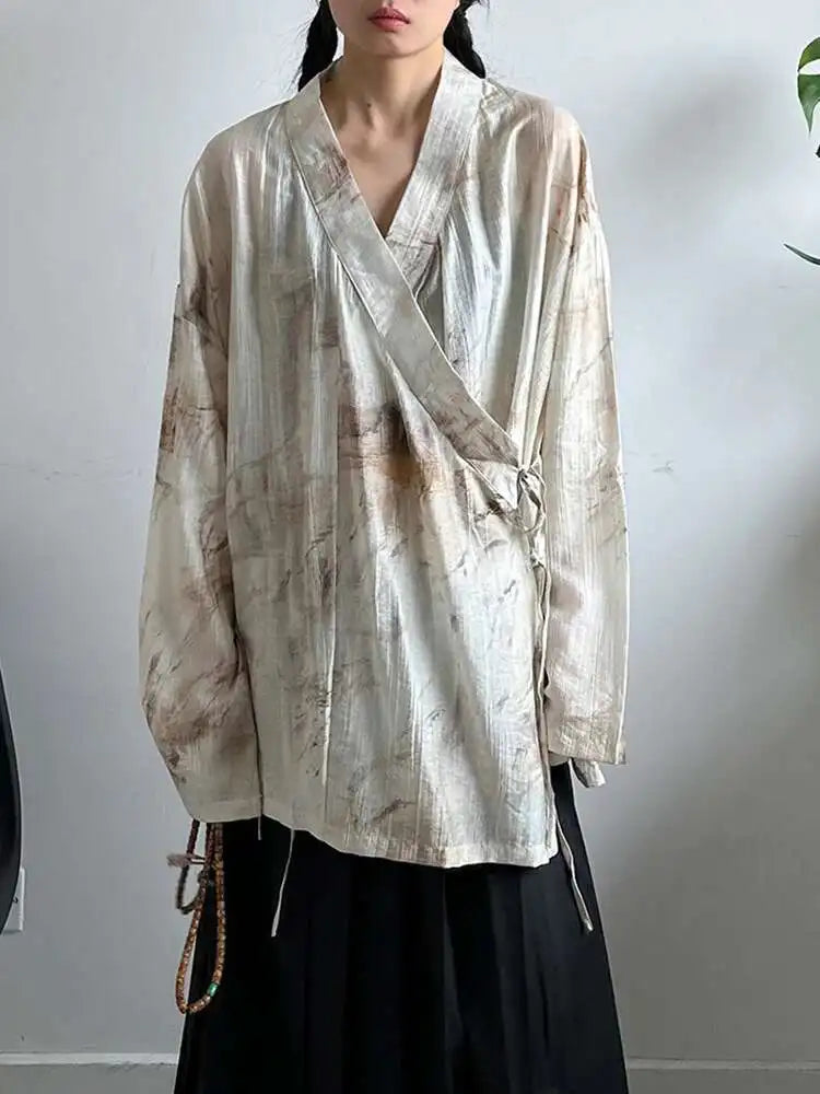 Women Apricot Printed Bandage Big Size Vintage Blouse New V-neck Long Sleeve Shirt Fashion Tide Spring Autumn 2025 1DJ0468