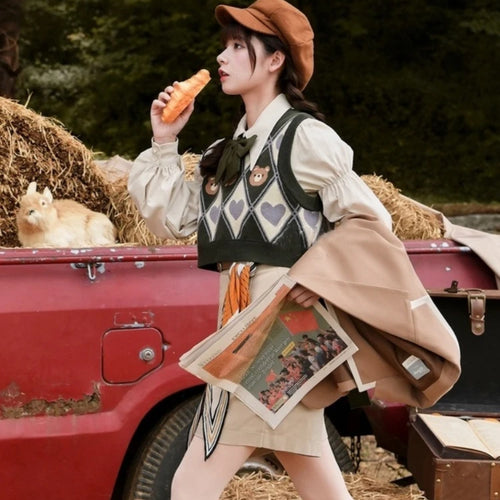 Load image into Gallery viewer, Kawaii Sweater Vest Bear Pri Sleeveless Casual Knitted Argyle Waistcoat 2025 Vintage Y2K Cropped Bandage Vests JK Tops
