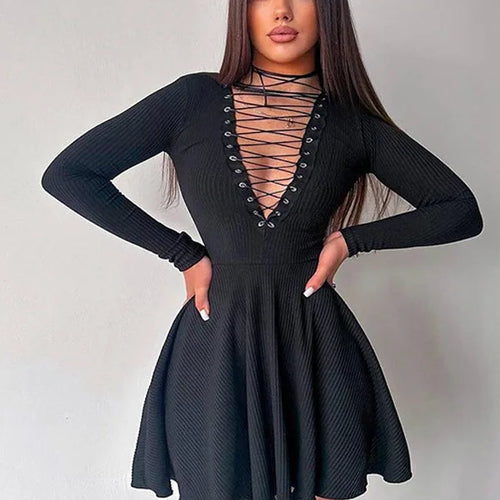 Load image into Gallery viewer, Autumn/Winter Women New Sexy Deep V-neck Long Sleeved Dress Hollow Lace Up Waist Wrap Elegant Party Evening Dress
