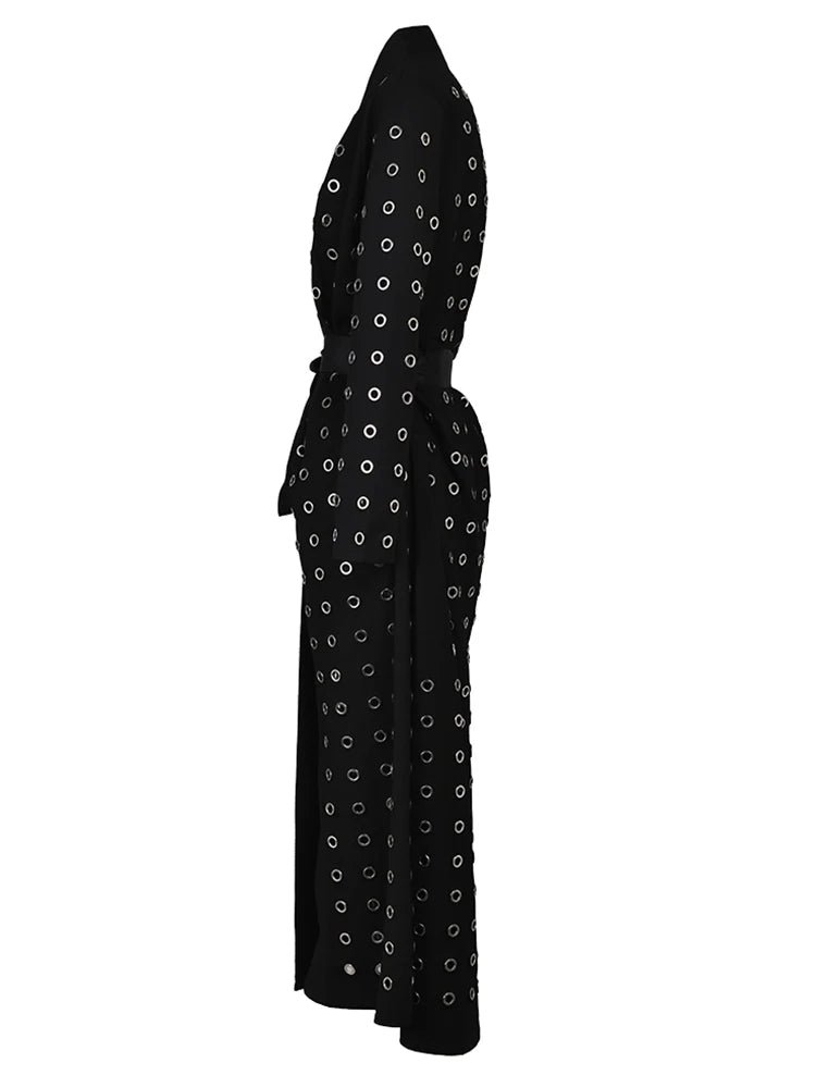 Women Black Hollow Out Belted Long Trench New V-neck Long Sleeve Windbreaker Fashion Tide Spring Autumn 2025 1DH532401