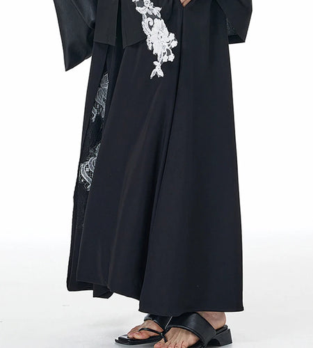 High Elastic Waist Black Appliques Spliced A-line Half-body Skirt Women Fashion Tide New Spring Autumn 2025 1DJ1502