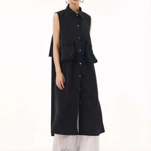 Load image into Gallery viewer, Women Black Shaped Pockets Big Size Midi Shirt Vest Dress New Lapel Sleeveless Fashion Tide Spring Autumn 2025 1DH9471
