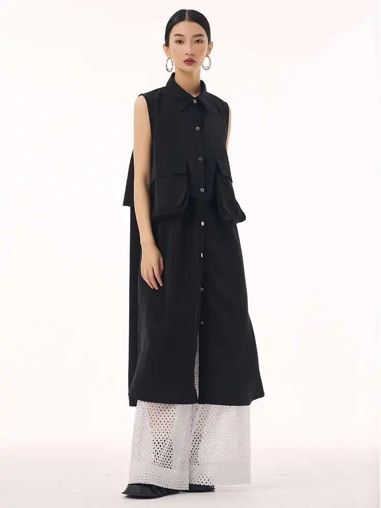 Women Black Shaped Pockets Big Size Midi Shirt Vest Dress New Lapel Sleeveless Fashion Tide Spring Autumn 2025 1DH9471