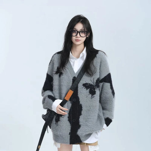 Load image into Gallery viewer, Y2k Aesthetic Butterfly Jacquard Knitted Cardigan Women Vintage Single Breasted Jacket Harajuku Loose Sweater Coat Streetwear
