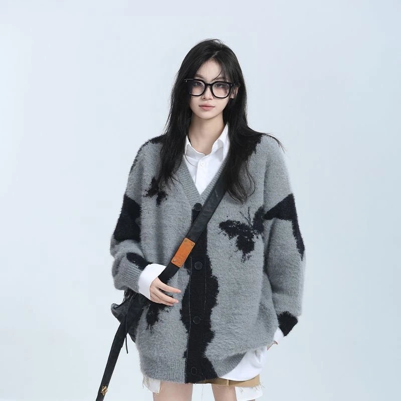 Y2k Aesthetic Butterfly Jacquard Knitted Cardigan Women Vintage Single Breasted Jacket Harajuku Loose Sweater Coat Streetwear