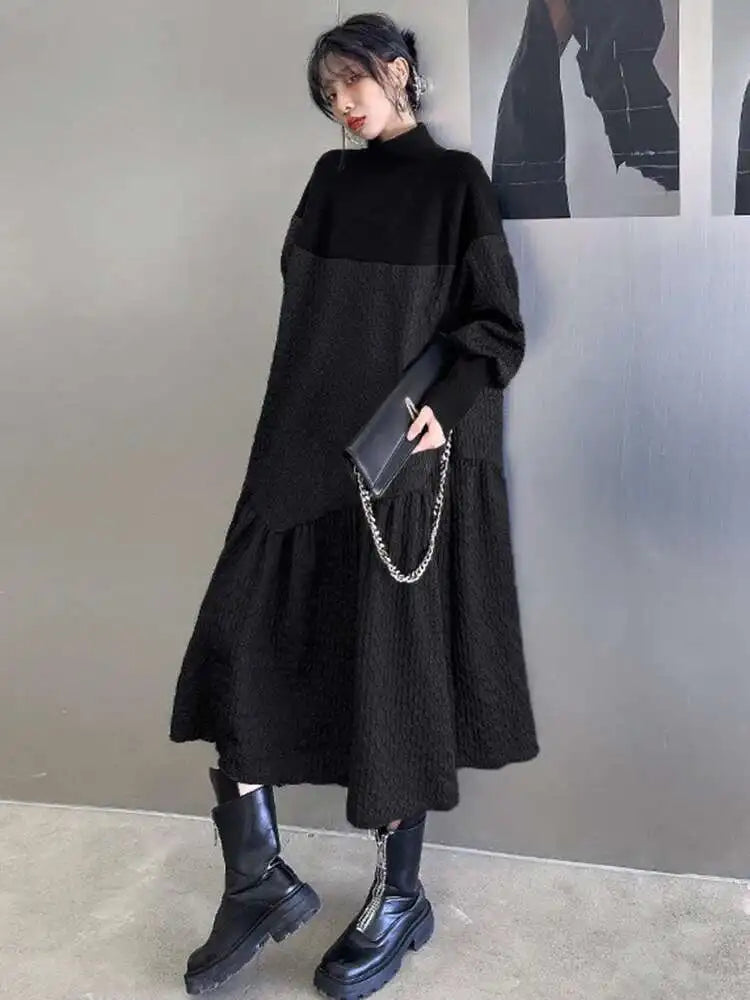 Women Black Knitting Big Size Long Dress New Turtleneck Long Sleeve Loose Fit Fashion Tide Spring Autumn 2025 1DH0797