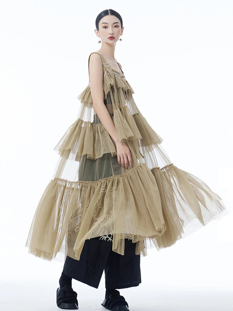 Women Black Mesh Perspective Big Size Strap Dress New Square Collar Sleeveless Fashion Tide Spring Summer 2025 1DJ1242