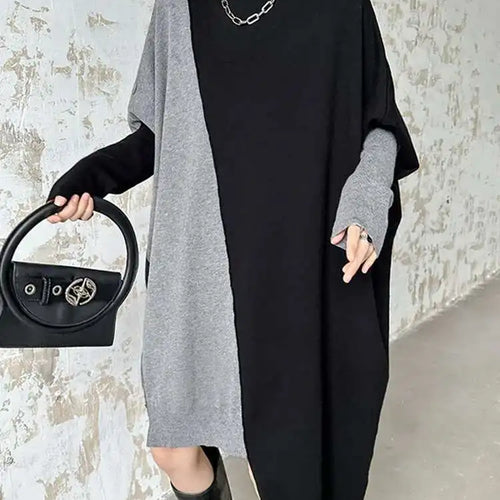 Load image into Gallery viewer, Women Gray Color-block Big Size Irregular Knitting Dress New Turtleneck Long Sleeve Fashion Spring Autumn 2025 1DH6561

