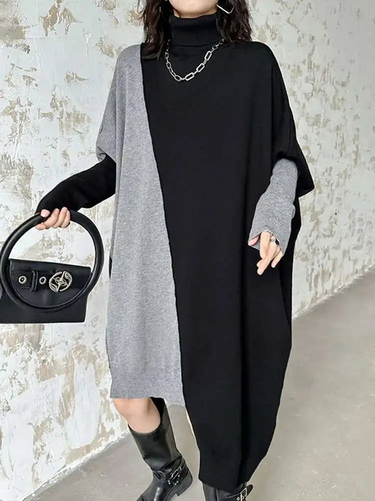 Women Gray Color-block Big Size Irregular Knitting Dress New Turtleneck Long Sleeve Fashion Spring Autumn 2025 1DH6561