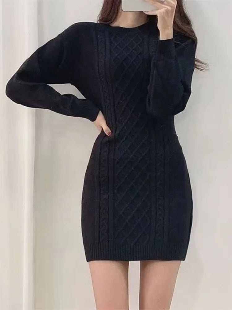 Knitted Sweater Mini Dress Women Vintage Korean Style Sexy Bodycon Wrap Knit Short Dresses Casual Elegant Autumn