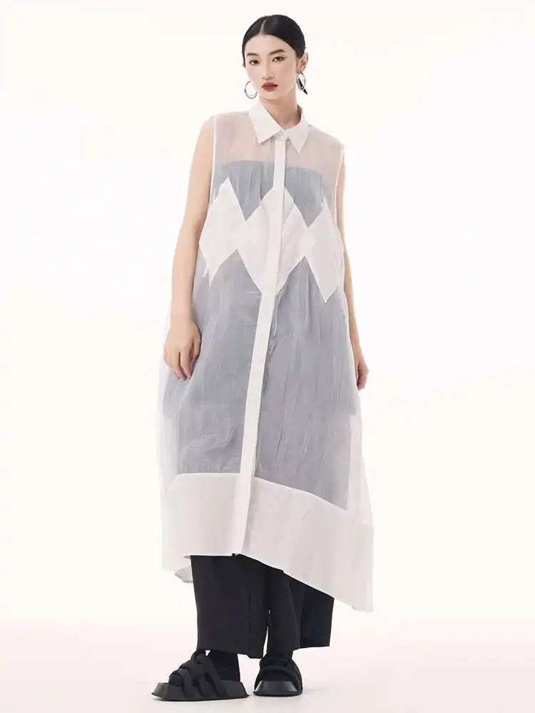 Women Black Mesh Perspective Big Size Long Shirt Dress New Lapel Sleeveless Fashion Tide Spring Summer 2025 1DH9517