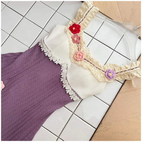 Load image into Gallery viewer, Summer French Vintage Purple Patchwork Lace Elegant Backless Slim Party Dress Women Square Neck Sleeveless Ruffles Slip Dresses
