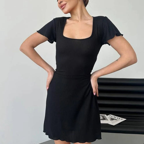 Load image into Gallery viewer, Elegant Solid Square Collar Short Sleeve Lace Up Ruffles Sexy Mini Dress Summer Women Outfit Birthday Party Festival
