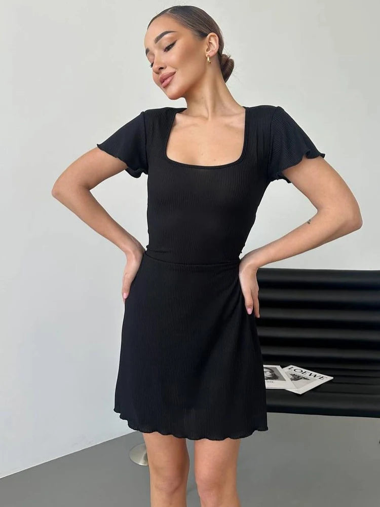 Elegant Solid Square Collar Short Sleeve Lace Up Ruffles Sexy Mini Dress Summer Women Outfit Birthday Party Festival