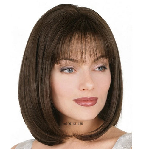 Load image into Gallery viewer, Short Bob Wigs for Women Synthetic Hair Brown Color Female Straight Bangs Wig Haircut Heat Resistant Cosplay Halloween Costume
