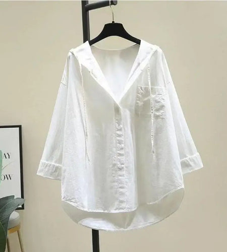 Fashion Women Shirts And Blouses 2023 Feminine Blouse Top Long Sleeve Casual White Hooded Collar Women Loose Blouses