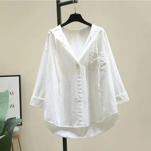 Load image into Gallery viewer, Fashion Women Shirts And Blouses 2023 Feminine Blouse Top Long Sleeve Casual White Hooded Collar Women Loose Blouses
